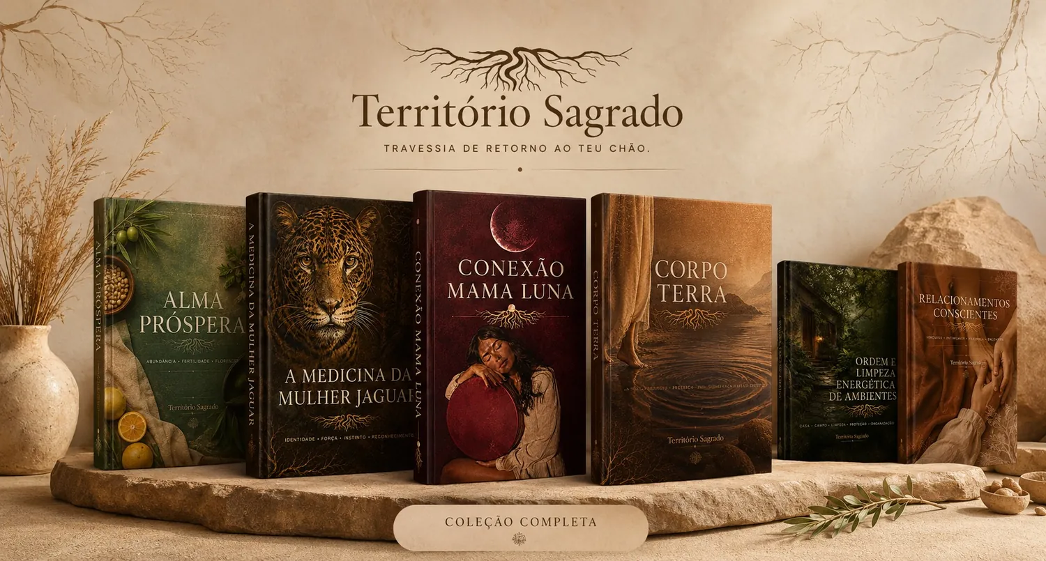 Mockup com os 4 cursos principais e 2 bônus premium do Território Sagrado